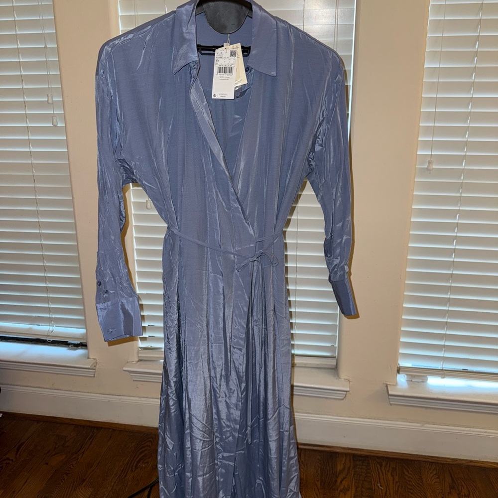 Mango Blue Maxi Dress with Notched Collar and Cuffed Sleeves NWT